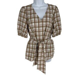 Ann Taylor Factory Plaid V-Neck Short Sleeve Belted Top Size Small